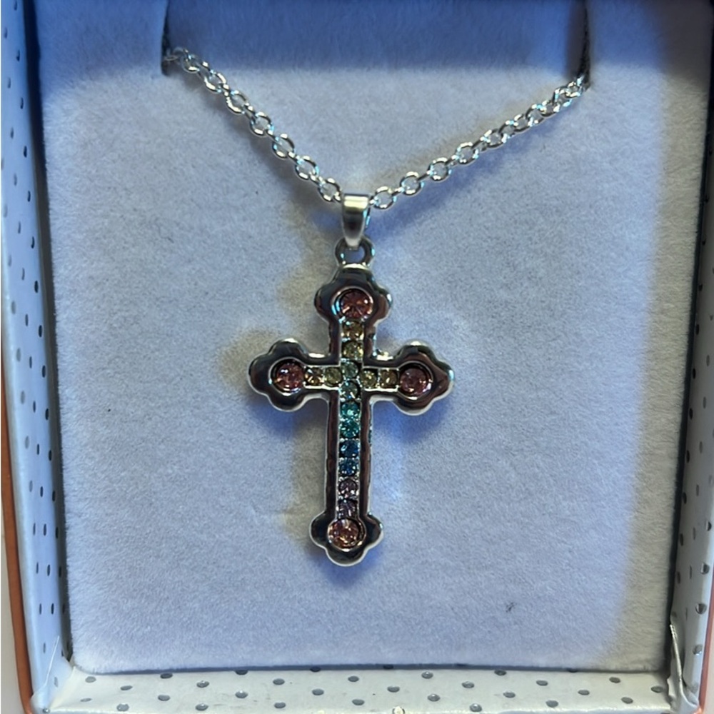 Elegant Silver Cross Necklace with Multicolor Accents